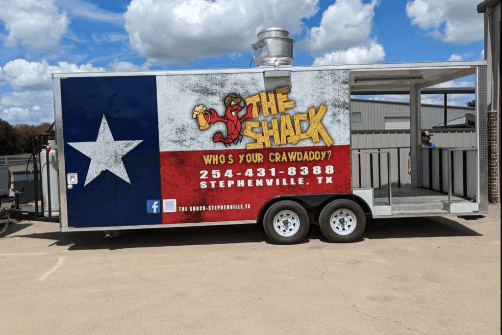 Food truck wrap for The Shack on a food trailer by 1st Class Graphics in Mansfield, TX